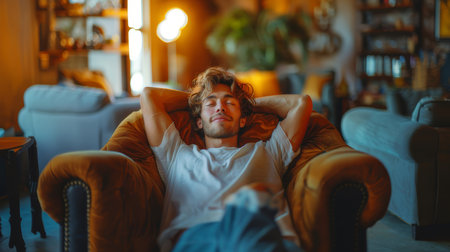 Handsome young man relaxing on a comfortable armchair in a cozy living room. He appears at peace and content in a warm, inviting setting.の素材