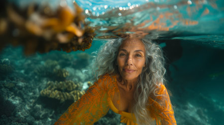 Senior woman with long grey hair underwater, posing like a mermaid. Surrounded by vibrant coral and sea life in the ocean.の素材