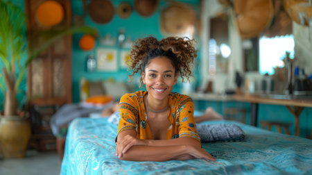 Smiling alternative medicine practitioner in a colorful and relaxing wellness retreat, lying on a massage table. Ideal for health, wellness, and relaxation themes.の素材
