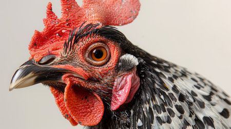 Detailed close-up profile of a rooster head isolated on a white background, showcasing its feathers, eye, and comb.の素材