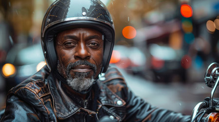 Close-up portrait of a confident motorcyclist wearing a helmet and leather jacket in an urban setting, conveying strength and determination.の素材