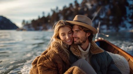 Smiling couple embraces warmly on a scenic winter boat ride. Enjoying nature, love, and togetherness on a serene lake.の素材
