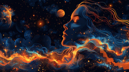 Surreal digital art depicting a peaceful face surrounded by cosmic elements, symbolizing meditation, mental health, and self-knowledge in a dreamy galactic setting.の素材