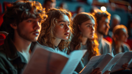 Medium shot of a group of actors intensely rehearsing their lines with scripts in hand on a theater stage. Intense focus and dramatic lighting.の素材