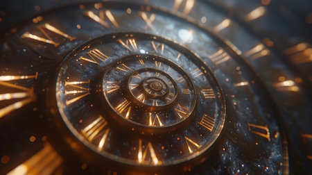 Abstract image of a spiral clock with glowing Roman numerals, symbolizing time, infinity, and the cosmos.の素材