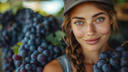 A joyful young woman with a bright smile checks ripe grapes in a vineyard, showcasing a natural and rustic setting.の素材