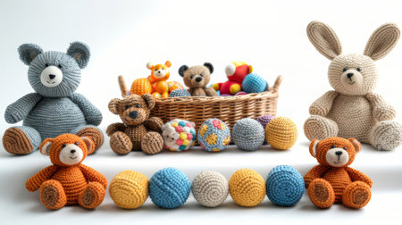A variety of handcrafted children's toys featuring knitted bears, colorful balls, and a wicker basket. Perfect for playtime and decoration.の素材