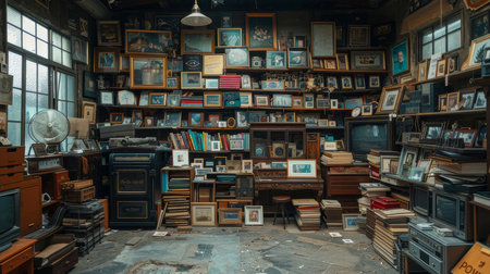 A cluttered garage sale room filled with vintage items, books, electronics, and framed pictures creating a nostalgic and antique ambiance.の素材