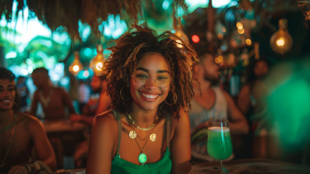 A group of friends wearing green enjoy a lively St. Patrick's Day celebration at a fun, vibrant party setting with drinks and decor.の素材