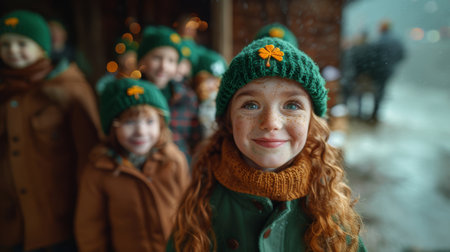 A happy family celebrating St. Patrick's Day outdoors, featuring smiling children in green hats adorned with clover symbols. Joy and festivity radiate in this heartwarming holiday image.の素材