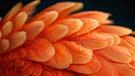 Detailed close-up shot of orange chicken feathers with water droplets, highlighting texture and pattern on a dark background.の素材