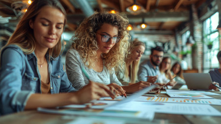 Focused team of business professionals working collaboratively on a project in a contemporary office setting. Teamwork, brainstorming, and productivity in action.の素材