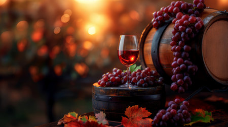 Glass of red wine with grapes and barrel in a picturesque vineyard at sunset, evoking a sense of elegance and autumn warmth.の素材