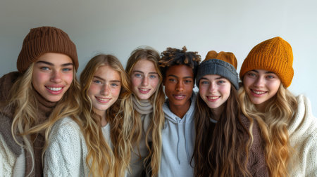 Group of confident young people in cozy winter attire looking at the camera, showcasing warmth, friendship, and happiness.の素材