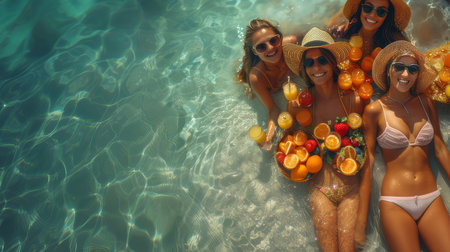 Group of friends relaxing in a pool during summer vacation with refreshing drinks and fruit, showcasing fun and bonding under the sun.の素材