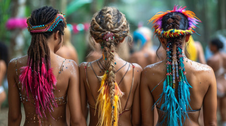 Three women with intricate, colorful braids and hair accessories enjoying an outdoor festival. Unique bohemian hairstyles showcase feathers and beads in a vibrant, festive setting.の素材