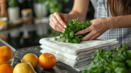 Close-up of a woman handling fresh herbs on a kitchen counter with citrus fruits and paper towels, showcasing home cooking and kitchen organization.の素材