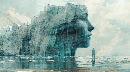 Surreal image depicting melting glaciers and environmental problems, with a human face overlaid on icebergs, highlighting climate change issues.の素材