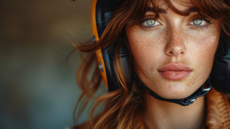Close-up portrait of a young woman with striking green eyes and freckles, wearing a motorcycle helmet and looking confidently at the camera.の素材