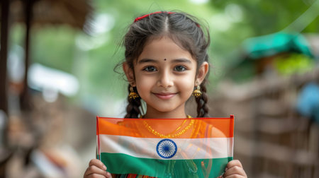 A young Indian girl proudly holding the Indian national flag, smiling with joy and patriotism outdoors.の素材