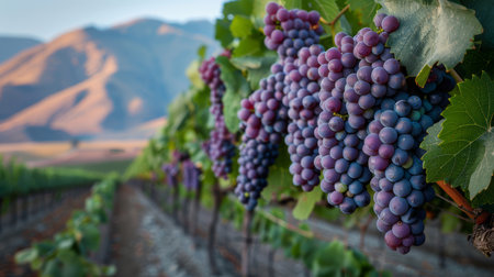 Close-up of ripe grapes hanging in a vineyard in San Clemente, Maule. Scenic mountain background. Perfect for wine and agriculture themes.の素材