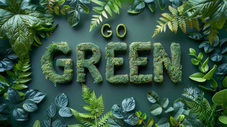 Creative 'Go Green' message made from green foliage on a lush background, symbolizing environmental conservation and eco-friendly lifestyle.の素材