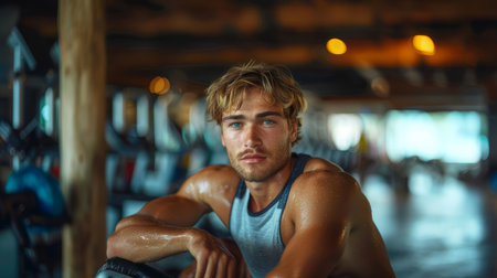 Fit young man in sportswear taking a break from an intense workout session in a modern gym environment.の素材