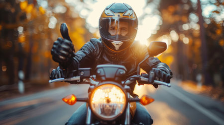Man wearing a motorcycle helmet giving a thumbs up while riding on a scenic road. Concept of adventure, travel, and freedom.の素材