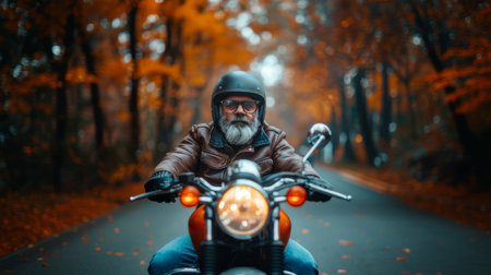 Elderly man riding a motorcycle with a helmet and leather jacket through a forest road during autumn, surrounded by vibrant orange leaves.の素材