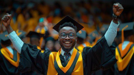 Happy African graduate celebrating at commencement ceremony, wearing traditional graduation gown and cap, with arms raised in joy amidst fellow graduates.の素材