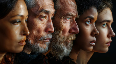 Close-up profile view of a diverse group showing different ages and ethnicities, representing unity and human connection.の素材