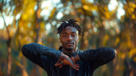 Portrait of a young man in sportswear stretching outdoors with autumn leaves in the background. Concept of fitness, health, and relaxation.の素材