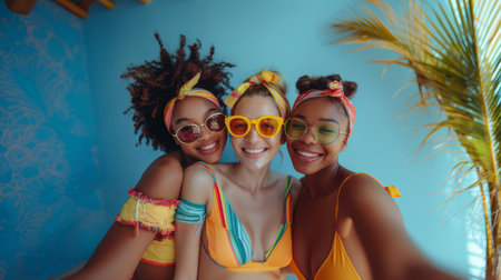 Cheerful group of three young women wearing vibrant swimsuits and sunglasses, smiling and posing against a vibrant tropical background. Summer fun, friendship, and joy.の素材