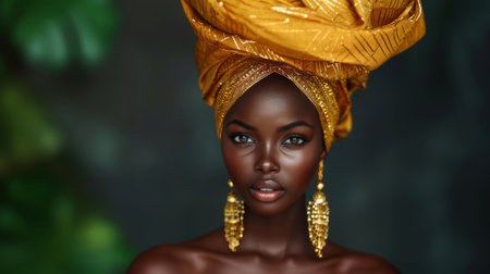 Stunning portrait of a beautiful young African woman wearing a golden traditional head wrap and glamorous earrings, radiating elegance and confidence.の素材