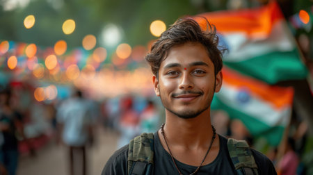 Young Indian man proudly holding the Indian flag, smiling and celebrating Independence Day outdoors with festive lights and people in the background.の素材