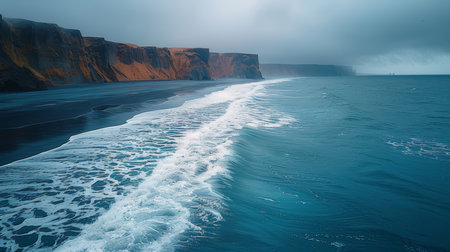A breathtaking scene of Reynisfjara's black sand beach and crashing waves in Vik, Iceland, with dramatic cliffs and a misty horizon.の素材