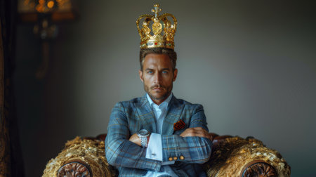 Confident young man with crown sitting on an opulent throne, exuding power and dominance in a stylish suitの素材