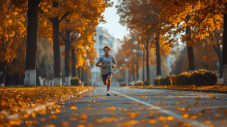 High angle view of a fit young man with a prosthetic leg running down a pathway in a beautiful autumn park.の素材