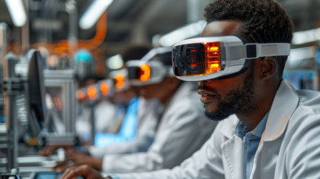 Group of Black coworkers wearing virtual reality headsets while working in a high-tech laboratory, showcasing technology and teamwork in an innovative environment.の素材