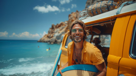Smiling man holding his surfboard beside a vintage yellow van on a sunny beach day, ready for a fun-filled adventure.の素材