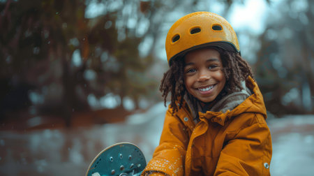 A cheerful child wearing a yellow safety helmet, smiling brightly while enjoying a snowy outdoor winter day.の素材