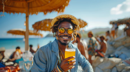 Handsome young man wearing sunglasses and a hat, smiling while holding a beer on a sunny beach with people and umbrellas in the background.の素材