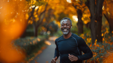 Happy man running in an autumn park, listening to music and smiling. Capturing the joy of fitness and nature in a vibrant outdoor setting.の素材