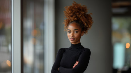 Portrait of a young woman with natural hair wearing a black turtleneck, standing indoors with a serious expression and crossed arms.の素材