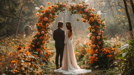 Bride and groom stand before a floral arch in a beautiful forest wedding setting with autumn flowers.の素材