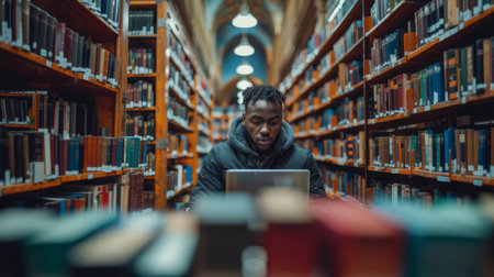 Young man deeply engaged in studying with a laptop in a modern, well-lit library surrounded by books.の素材