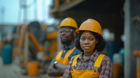 Two confident engineers standing at a construction site, wearing yellow hard hats and safety gear, symbolizing teamwork, expertise, and construction industry.の素材