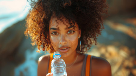 Close-up portrait of an attractive young woman with curly hair drinking water after a workout outdoors. Healthy lifestyle and fitness concept.の素材