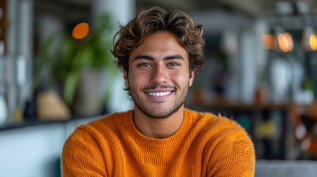 Close-up portrait of a young man wearing an orange sweater, smiling indoors. The background is blurred, creating a warm and inviting atmosphere.の素材