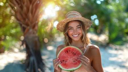 Smiling young woman holding a slice of watermelon, enjoying a sunny day in a tropical beach paradise. Perfect depiction of summer joy and freshness.の素材